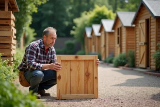 Homme en pantalon de travail examine des panneaux de bois de jardin