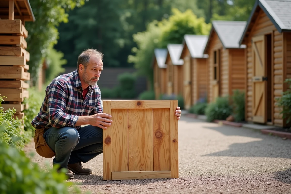 Homme en pantalon de travail examine des panneaux de bois de jardin