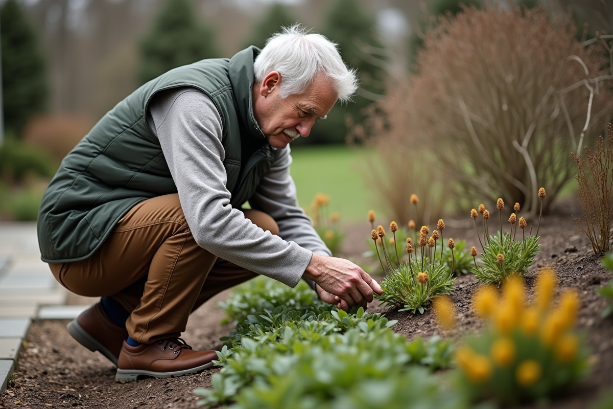 Homme âgé inspectant ses plantes dans le jardin au printemps