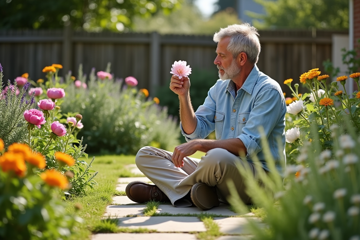 Homme contemplant une fleur dans un jardin ensoleille