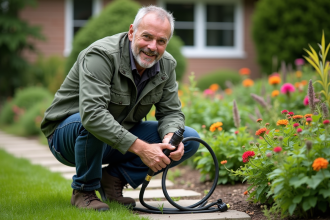 Homme en extérieur arrosant son jardin avec soin