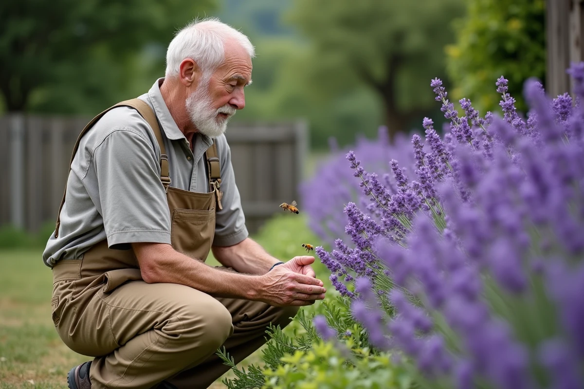 Homme âgé observant les abeilles sur la lavande dans le jardin