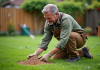 Homme d'âge moyen en vêtements de jardinage examine des graines