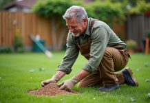 Homme d'âge moyen en vêtements de jardinage examine des graines