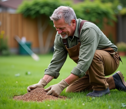 Homme d'âge moyen en vêtements de jardinage examine des graines