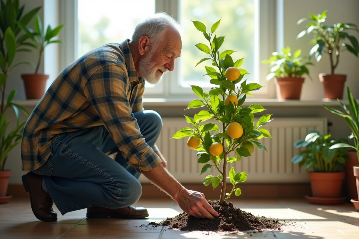 Homme âgé en chemise à carreaux fertilisant un petit citronnier en intérieur