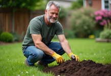 Homme d'âge moyen en jardinage avec terre sombre
