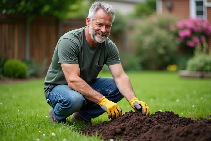 Homme d'âge moyen en jardinage avec terre sombre