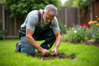 Homme d'âge moyen arrachant une herbe profonde dans le jardin