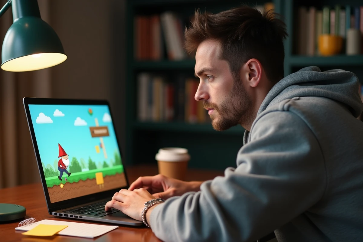 Homme jouant au jeu du nain de jardin sur Google Chrome sur un ordinateur portable, concentré sur son score
