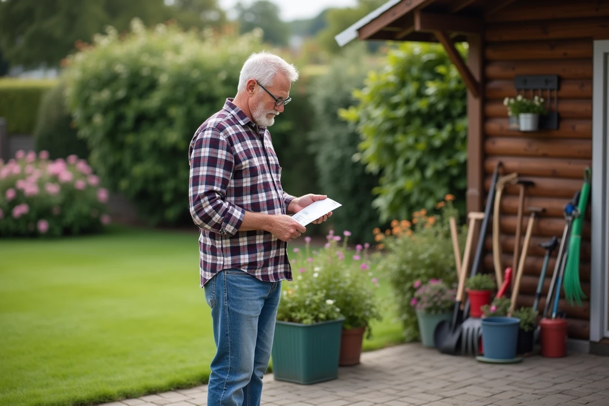 Homme d'âge moyen lisant une étiquette de produit dans le jardin