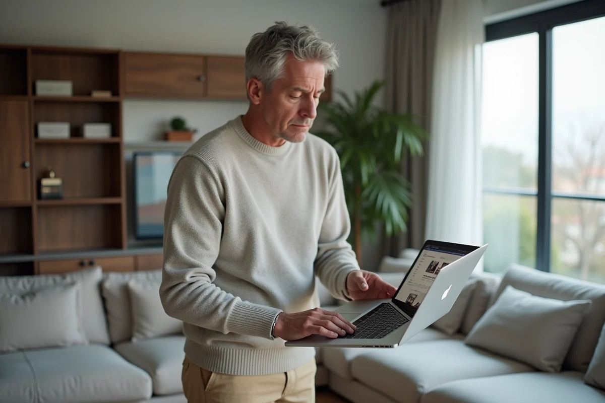 Homme comparant deux sites de vente en ligne dans un salon