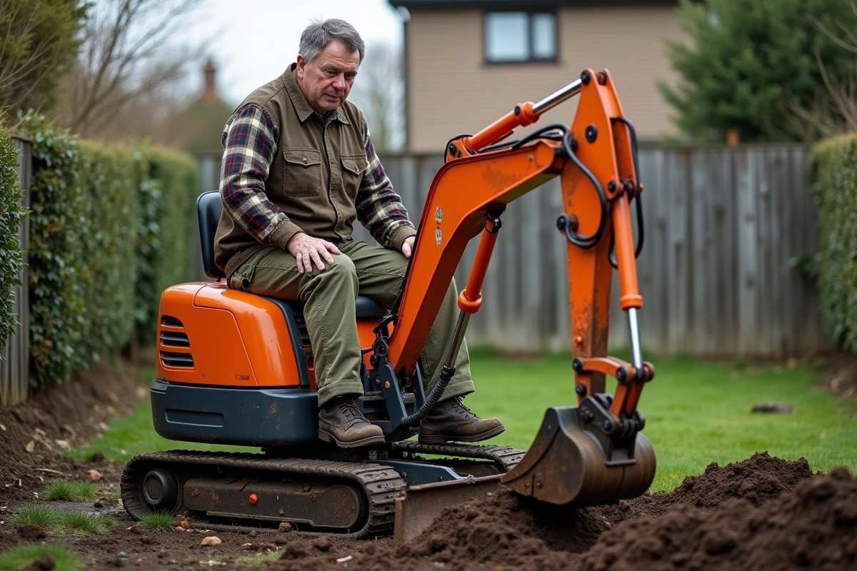 Un homme adulte opère une mini pelle orange dans un jardin résidentiel pour des travaux de terrassement