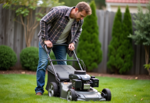 Inconvénients des tondeuses à gazon autopropulsées : comment les éviter ? Homme d'âge moyen examine une tondeuse à gazon en panne dans le jardin