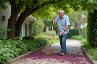 Homme d'âge moyen nettoie un chemin sous un mûrier en pleine floraison
