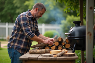 Homme choisissant du bois pour barbecue dans un jardin