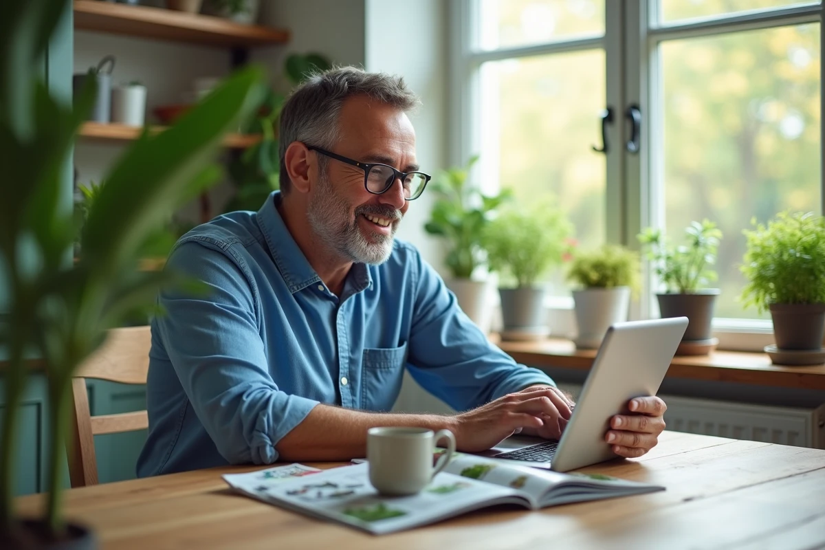 Homme utilisant une tablette pour acheter des plantes en intérieur