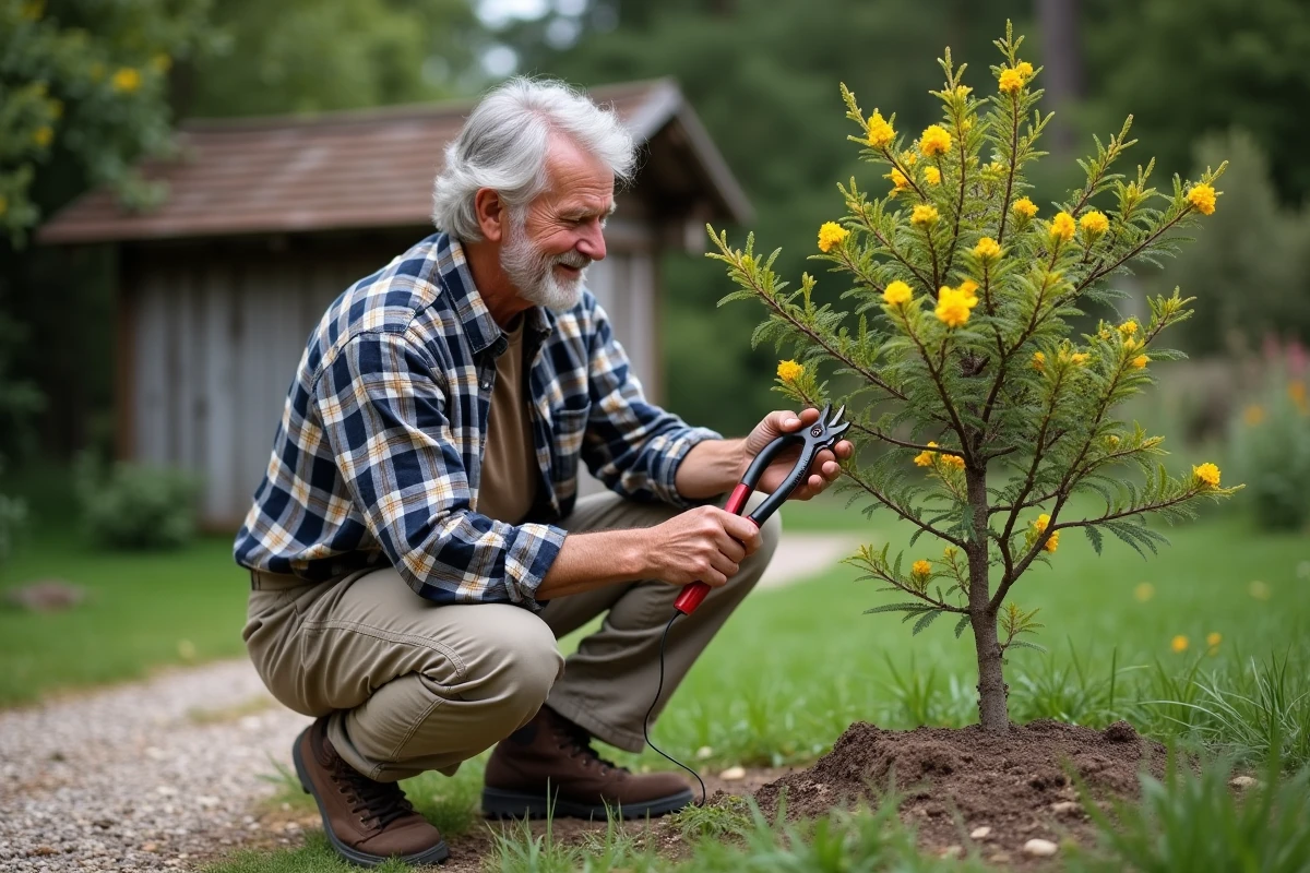 Homme âgé taillant un jeune mimosa dans un jardin rural