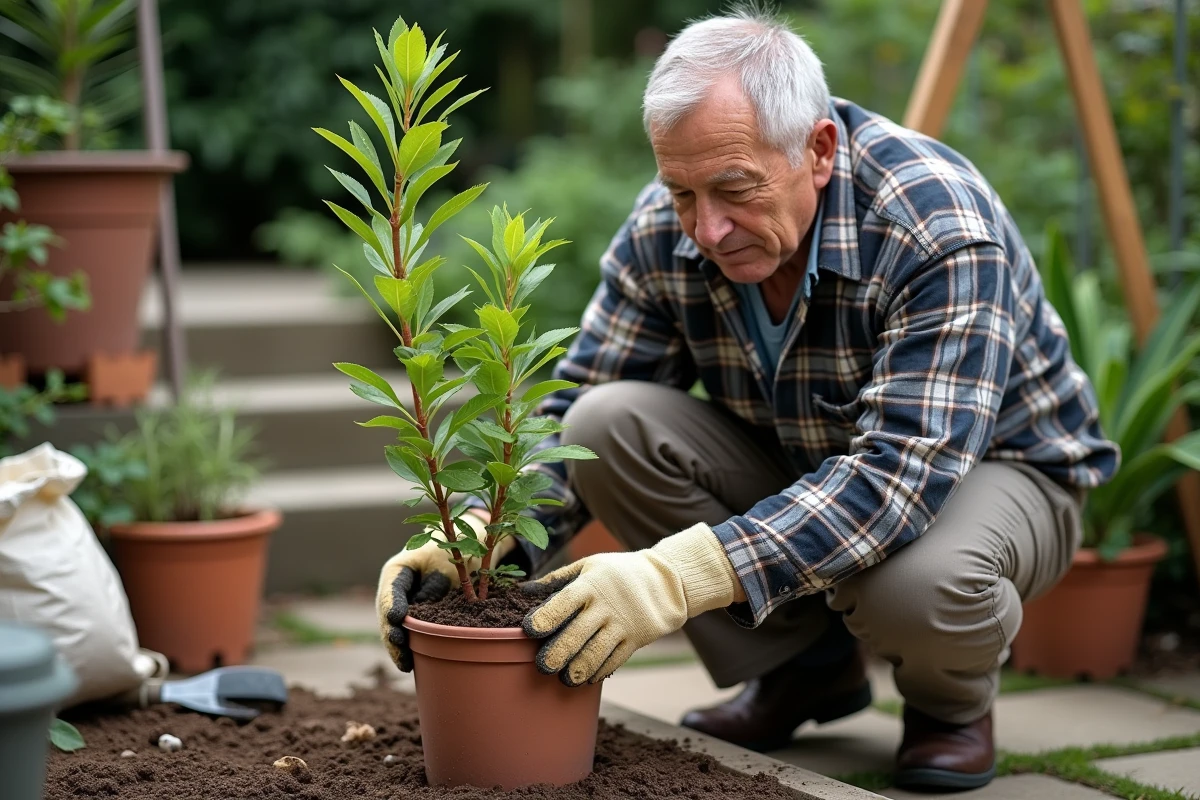 Homme âgé transplantant un geraldton wax en extérieur