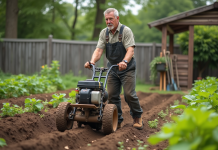 Motoculteur : avantages et utilisations pour le jardinage amateur Homme en salopette utilisant un motoculteur dans un jardin