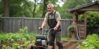 Motoculteur : avantages et utilisations pour le jardinage amateur Homme en salopette utilisant un motoculteur dans un jardin