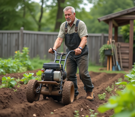 Motoculteur : avantages et utilisations pour le jardinage amateur Homme en salopette utilisant un motoculteur dans un jardin