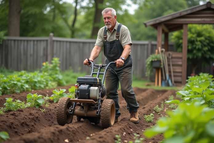 homme-travaille-jardin-rotary-tiller Homme en salopette utilisant un motoculteur dans un jardin