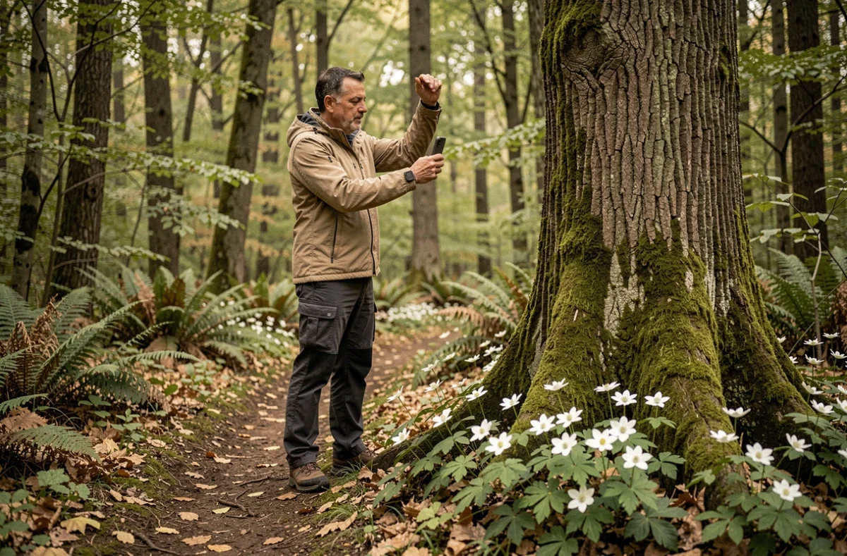 Randonneur photographiant des fleurs de forêt avec son téléphone pour les identifier via une application