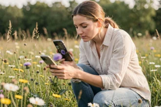 Femme utilisant son smartphone pour identifier une fleur sauvage dans une prairie printanière