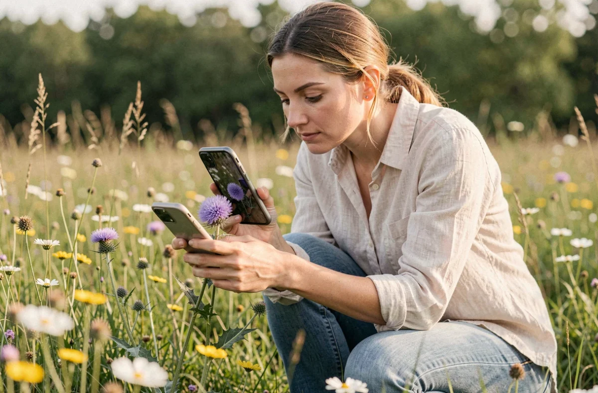 Femme utilisant son smartphone pour identifier une fleur sauvage dans une prairie printanière