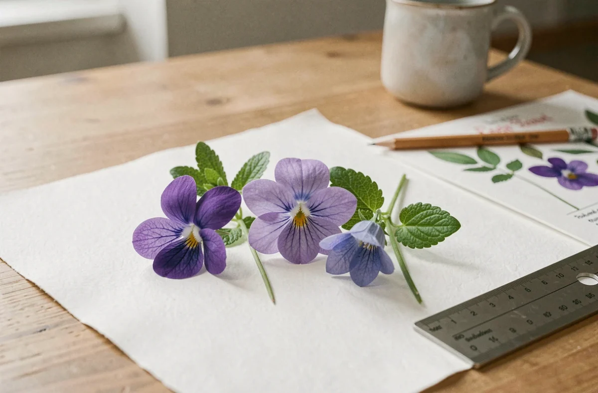 Fleurs mauves sauvages identifiées et disposées sur du papier blanc pour herbier avec guide botanique