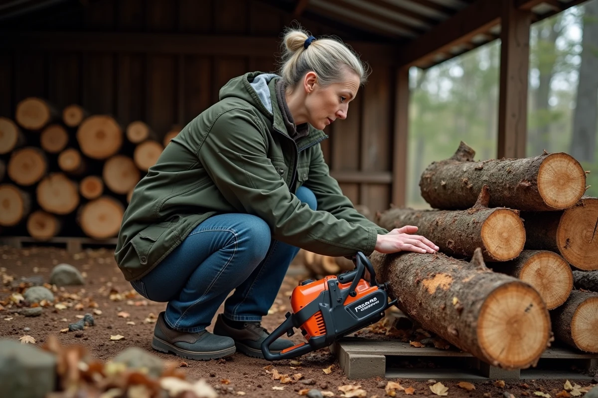 Femme inspectant du bois de chauffage humide empilé sous un abri en bois à côté d'une tronçonneuse électrique