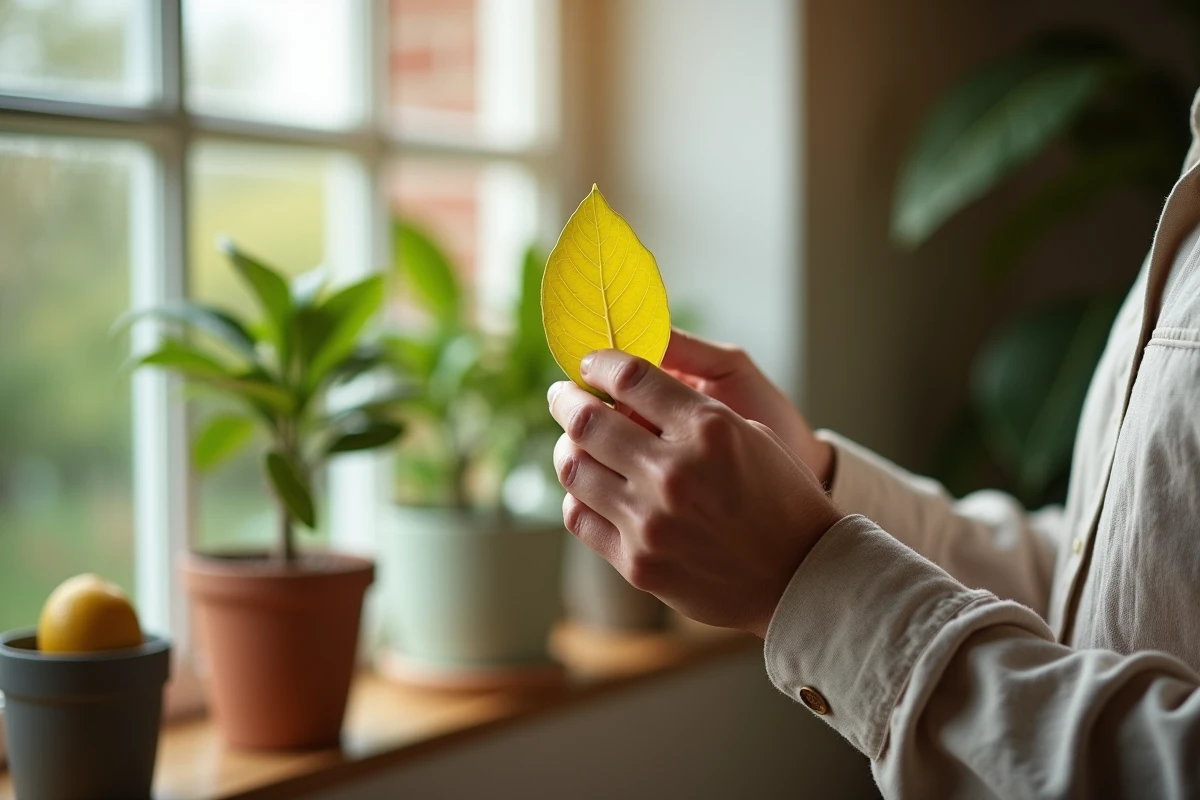 Personne inspectant une feuille jaunie d'un citronnier en intérieur pour diagnostiquer stress ou infestation