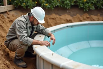 Installateur inspectant une piscine coque en fibre de verre fraîchement posée dans un chantier de jardinage pour prévenir les fissures