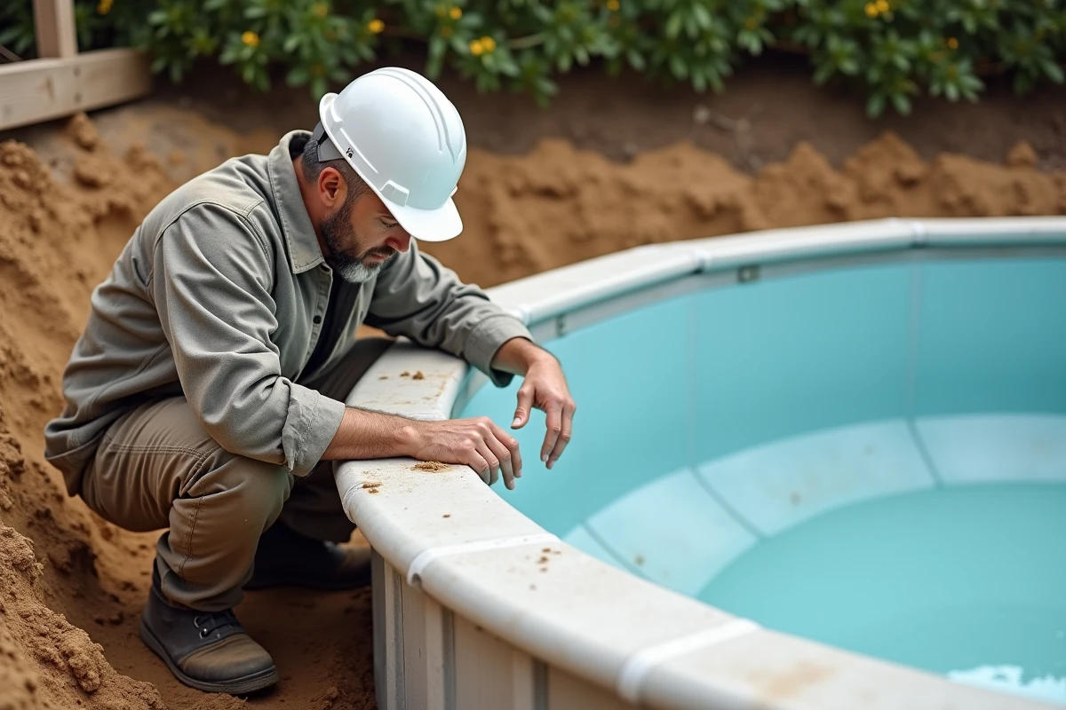 Installateur inspectant une piscine coque en fibre de verre fraîchement posée dans un chantier de jardinage pour prévenir les fissures