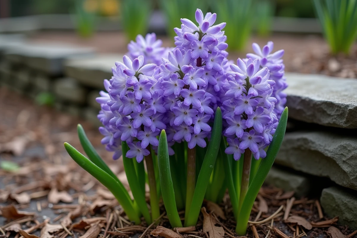 Gros plan sur des jacinthes orientalis en fleurs avec rosée naturelle dans un jardin sans pesticides