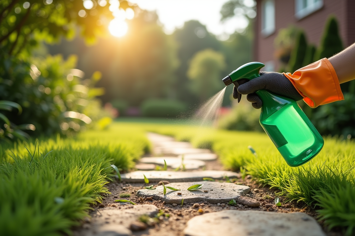 Jardin avec mauvaises herbes et personne pulvérisant la solution