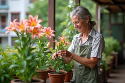 Femme d'âge moyen prune des lys asiatiques sur un balcon