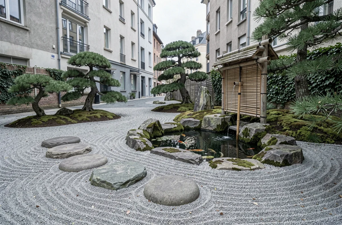 Jardin zen japonais à Montreuil avec gravier ratissé, pierres de gué, bassin à koïs et pins sculptés créé par Jardin Japonais