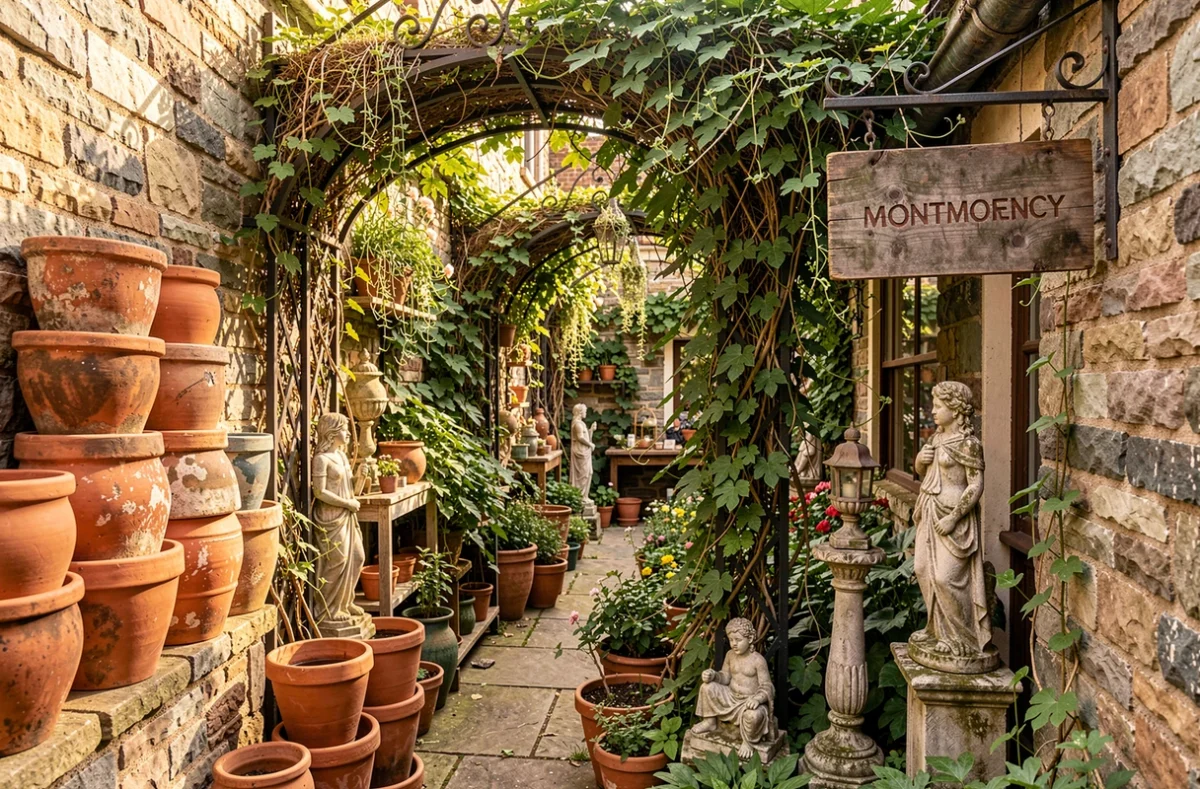 Jardinerie de Curiosités Jardin Taffin à Montmorency avec pots en terre cuite, ornements anciens et plantes grimpantes sur arches en fer forgé