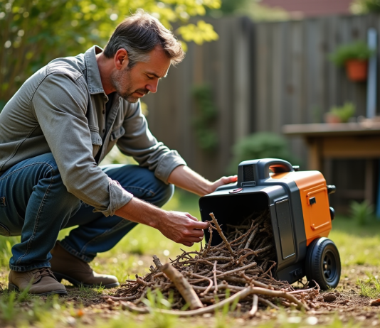 Broyeur : comment bien choisir l’équipement adapté pour broyer ? Homme d'âge moyen près d'un broyeur électrique dans un jardin