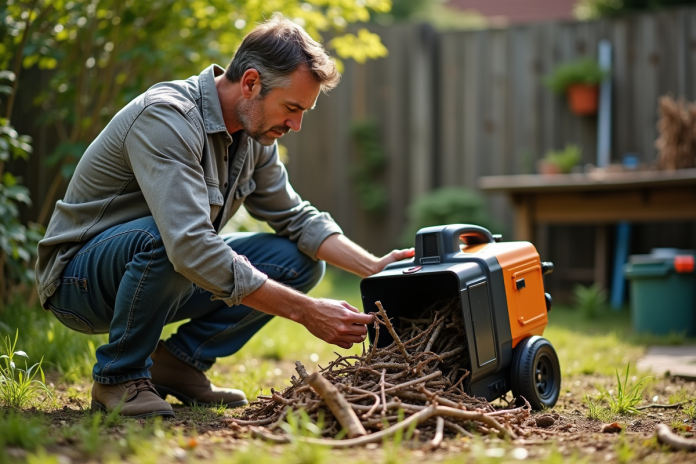 jardin-tri-branches-shredder Homme d'âge moyen près d'un broyeur électrique dans un jardin
