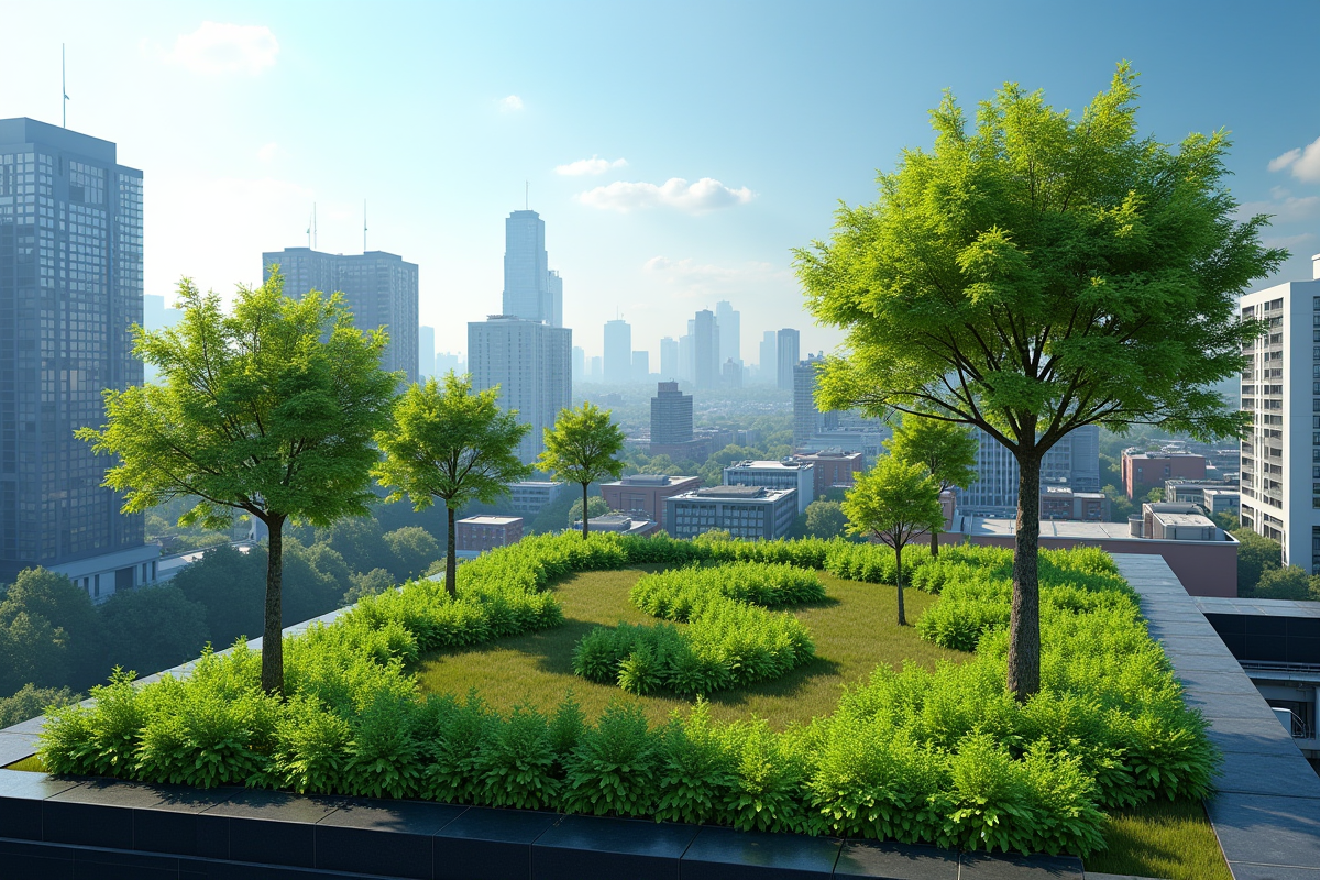 Jardin urbain avec arbres et verdure sur un toit en ville