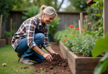 Enrichir la terre sans fumier : meilleures pratiques pour jardin durable Femme en jardinage ajoutant compost dans un jardin