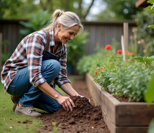Enrichir la terre sans fumier : meilleures pratiques pour jardin durable Femme en jardinage ajoutant compost dans un jardin