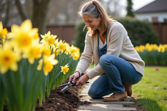 Femme en jardinage taillant des jonquilles dans le jardin
