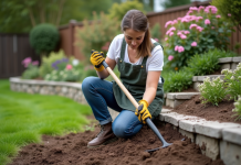 Femme en jardinage avec râteau dans un jardin en pente