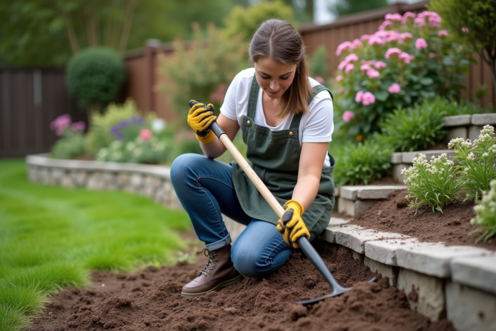 Femme en jardinage avec râteau dans un jardin en pente