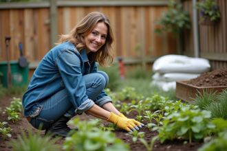 Femme d'âge moyen plantant des jeunes plants dans son jardin