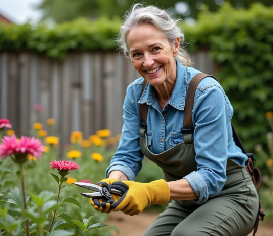 Taille des fleurs vivaces : conseils et saison idéale pour tailler Femme souriante en jardinage taillant des fleurs avec sécateurs